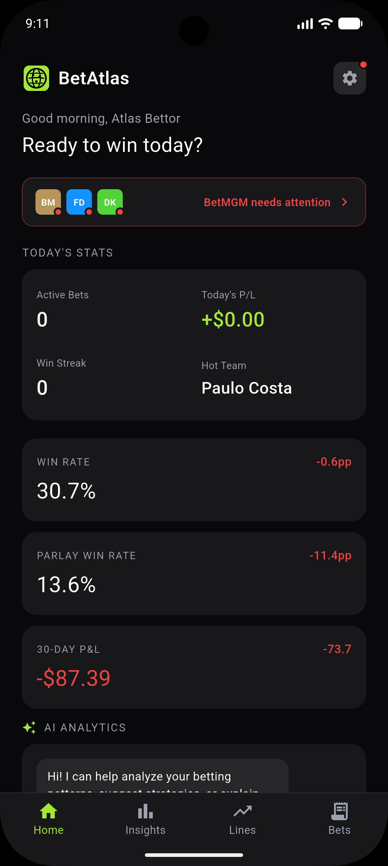 BetAtlas home screen showing today's stats, win rate, and 30-day P&L